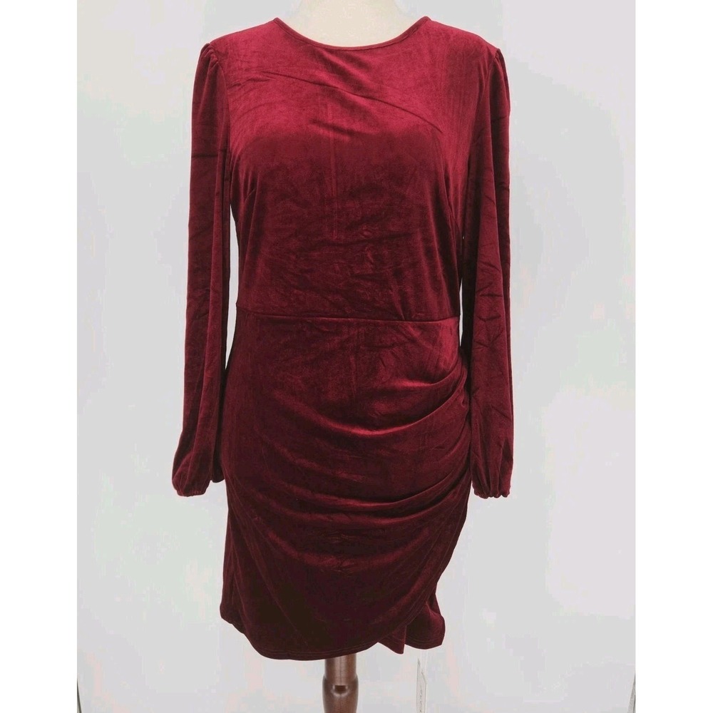 Jeceika Red Velvet Ruched Bodycon Dress Long Sleeve Midi Womens L‎ NWT Holiday